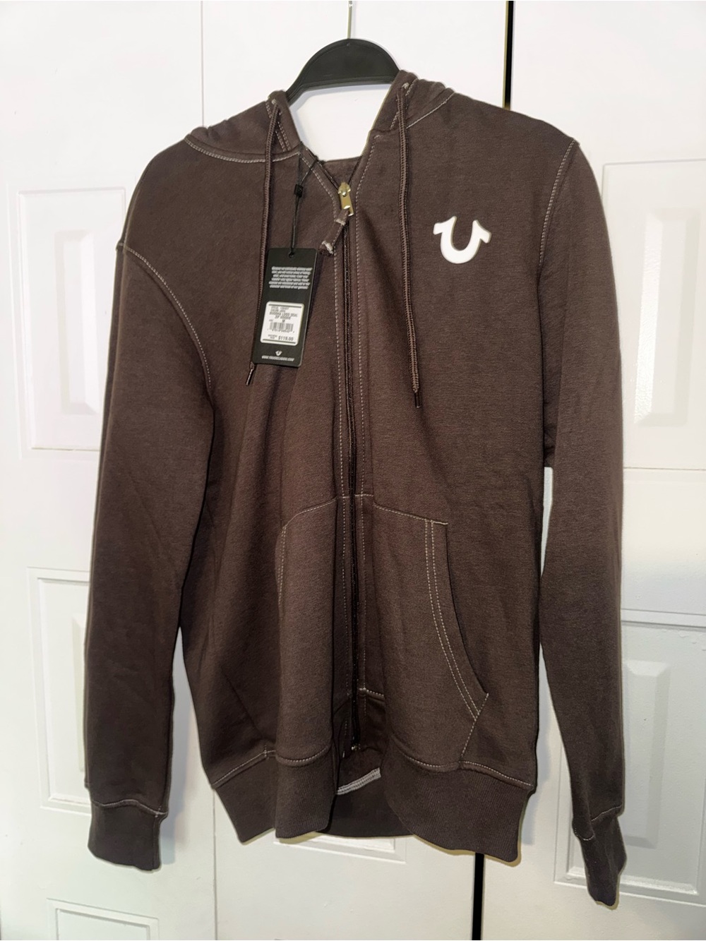 True Religion Chocolate Brown Zip-Up Hoodie with White Logo